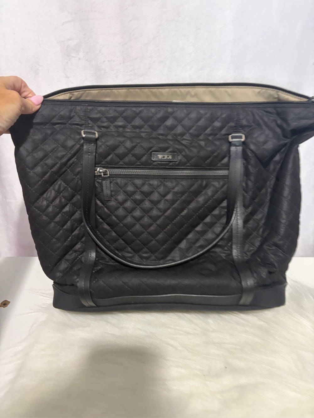 Tumi Quilted Black Tote with Front Zip Pocket